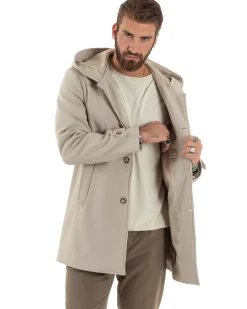 Giubbotto Uomo Con Cappuccio Trench Tessuto Tecnico Impermeabile Lungo Antivento Beige G3236A