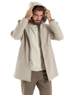 Giubbotto Uomo Con Cappuccio Trench Tessuto Tecnico Impermeabile Lungo Antivento Beige G3236A