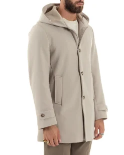 Giubbotto Uomo Con Cappuccio Trench Tessuto Tecnico Impermeabile Lungo Antivento Beige G3236A