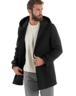 Giubbotto Uomo Con Cappuccio Trench Tessuto Tecnico Impermeabile Lungo Antivento Nero G3237A