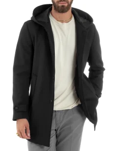 Giubbotto Uomo Con Cappuccio Trench Tessuto Tecnico Impermeabile Lungo Antivento Nero G3237A