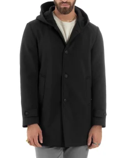 Giubbotto Uomo Con Cappuccio Trench Tessuto Tecnico Impermeabile Lungo Antivento Nero G3237A