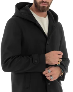 Giubbotto Uomo Con Cappuccio Trench Tessuto Tecnico Impermeabile Lungo Antivento Nero G3237A
