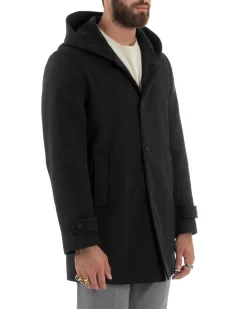 Giubbotto Uomo Con Cappuccio Trench Tessuto Tecnico Impermeabile Lungo Antivento Nero G3237A