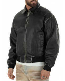 Giubbotto uomo crop giacca bomber boxy zip colletto ecopelle nero GIOSAL-G3386A