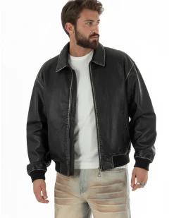 Giubbotto uomo crop giacca bomber boxy zip colletto ecopelle nero GIOSAL-G3386A