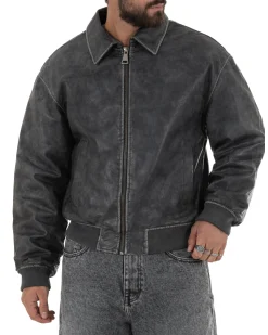 Giubbotto uomo crop giacca bomber boxy zip colletto ecopelle grigio GIOSAL-G3387A