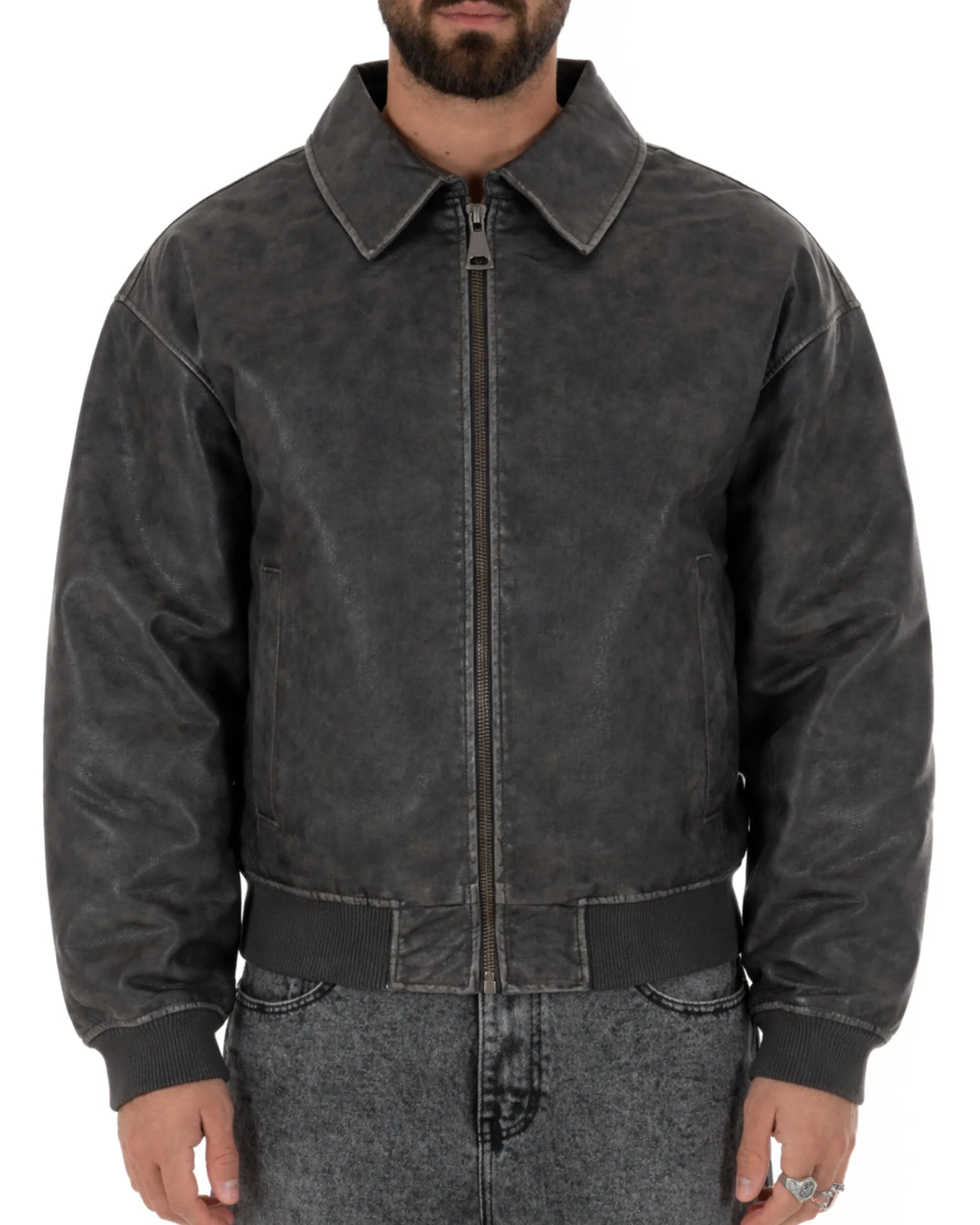 Giubbotto uomo crop giacca bomber boxy zip colletto ecopelle grigio GIOSAL-G3387A