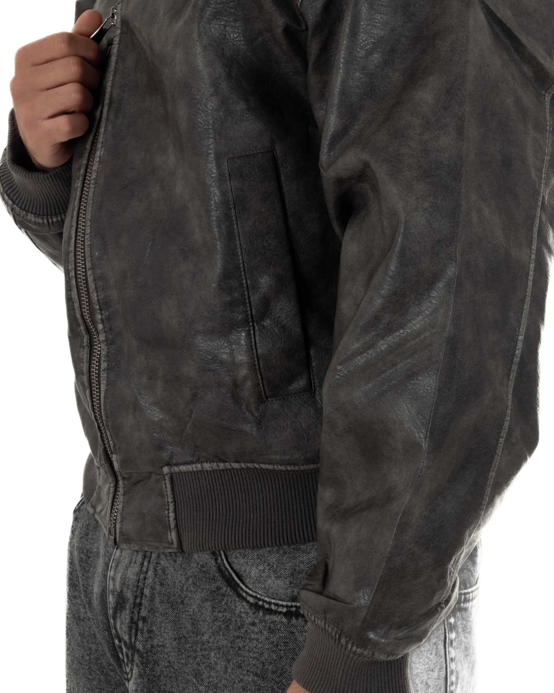 Giubbotto uomo crop giacca bomber boxy zip colletto ecopelle grigio GIOSAL-G3387A
