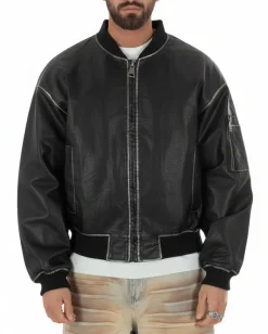 Giubbotto uomo crop giacca bomber boxy zip college ecopelle nero GIOSAL-G3388A