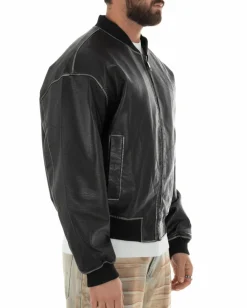 Giubbotto uomo crop giacca bomber boxy zip college ecopelle nero GIOSAL-G3388A