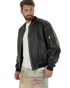 Giubbotto uomo crop giacca bomber boxy zip college ecopelle nero GIOSAL-G3388A