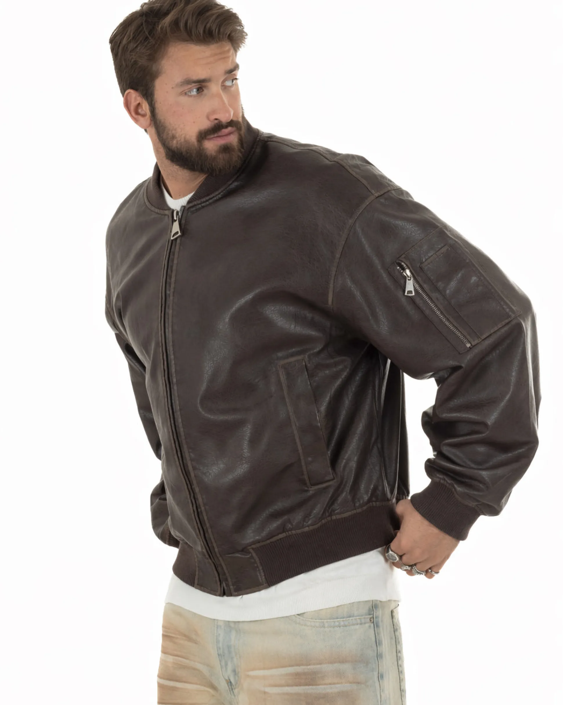 Giubbotto uomo crop giacca bomber boxy zip college ecopelle marrone GIOSAL-G3389A