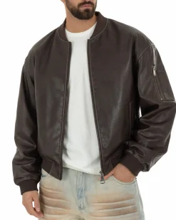 Giubbotto uomo crop giacca bomber boxy zip college ecopelle marrone GIOSAL-G3389A