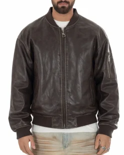 Giubbotto uomo crop giacca bomber boxy zip college ecopelle marrone GIOSAL-G3389A