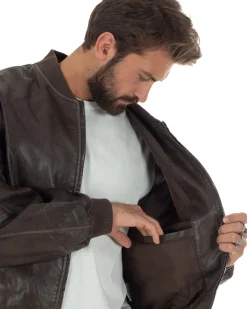Giubbotto uomo crop giacca bomber boxy zip college ecopelle marrone GIOSAL-G3389A