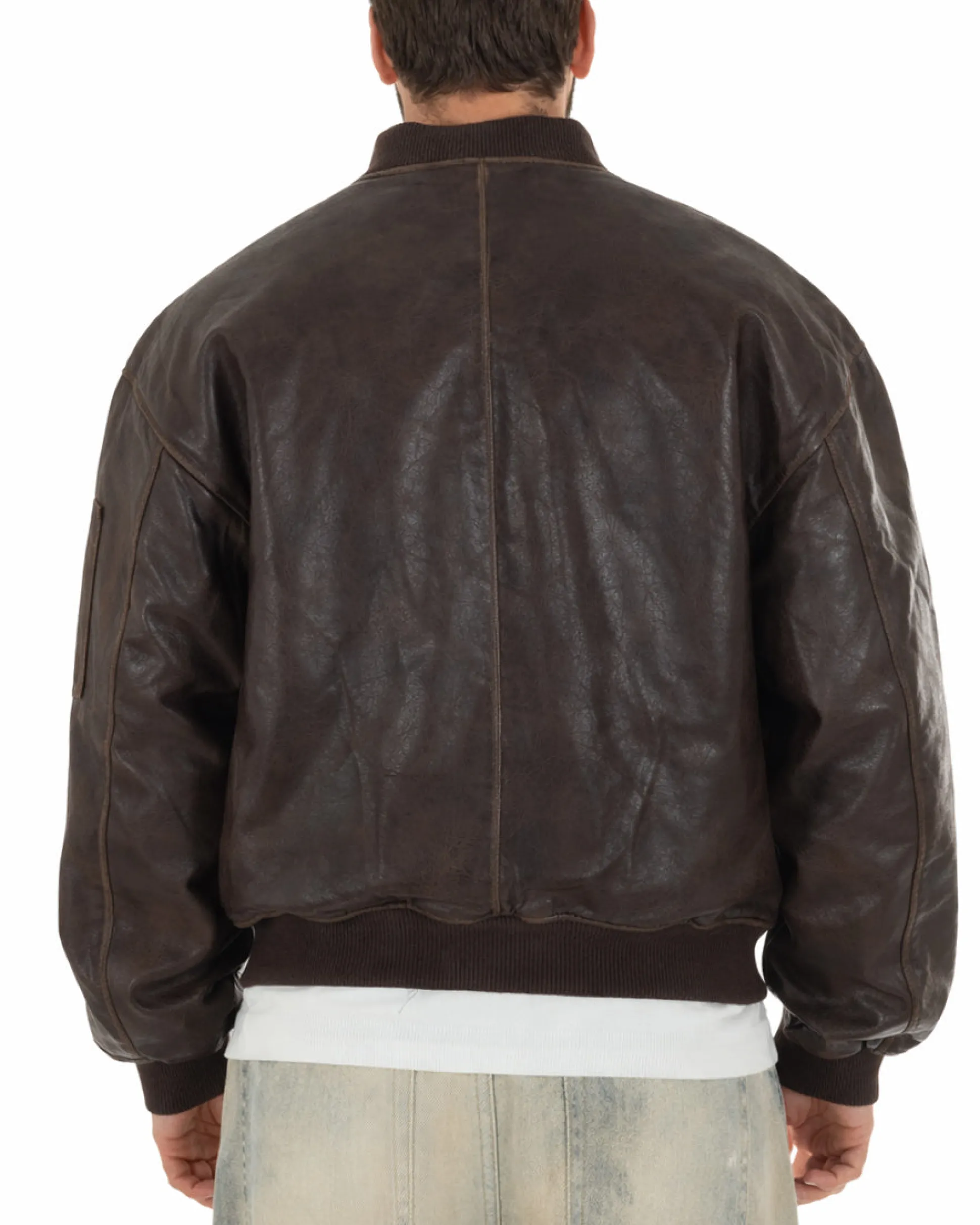 Giubbotto uomo crop giacca bomber boxy zip college ecopelle marrone GIOSAL-G3389A
