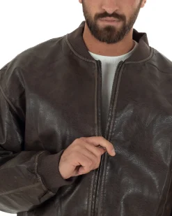 Giubbotto uomo crop giacca bomber boxy zip college ecopelle marrone GIOSAL-G3389A