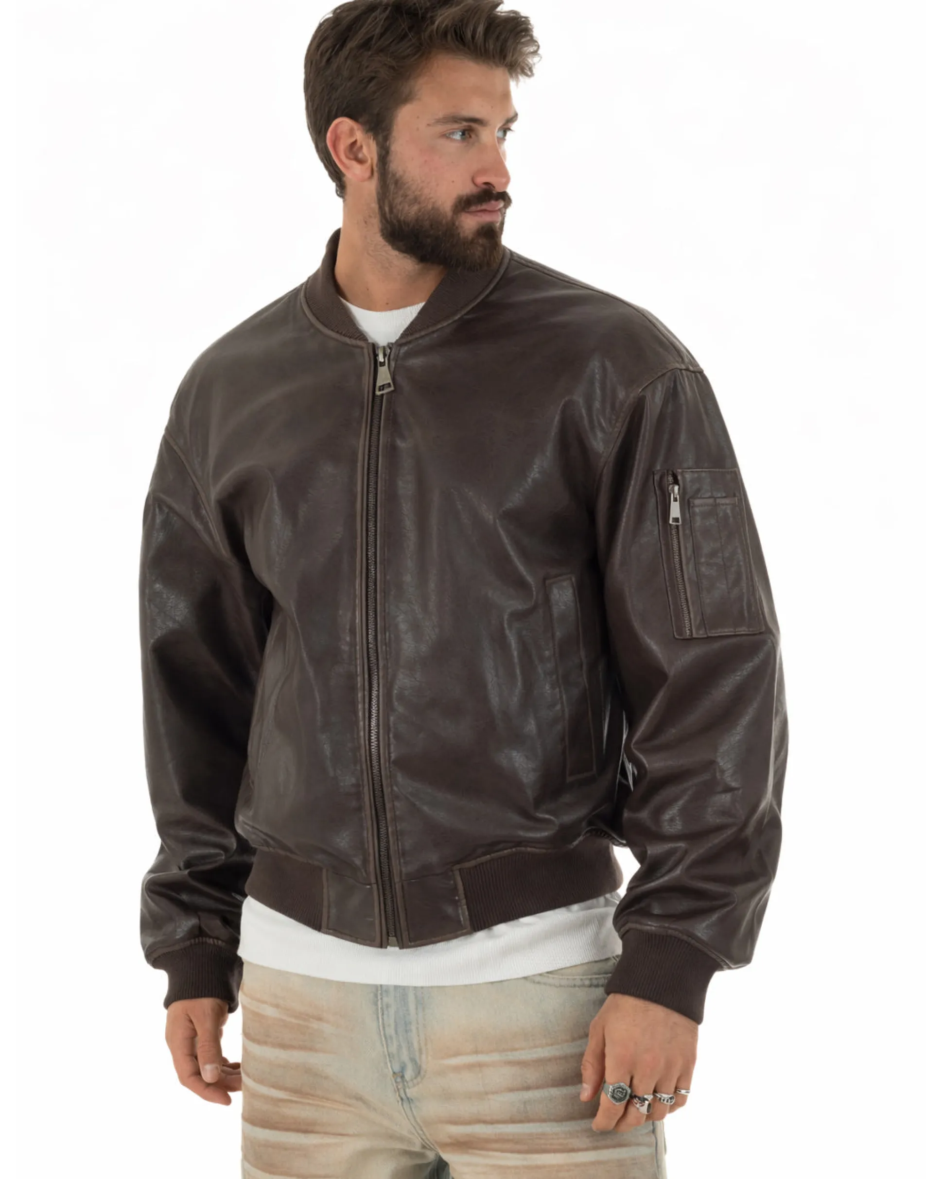 Giubbotto uomo crop giacca bomber boxy zip college ecopelle marrone GIOSAL-G3389A