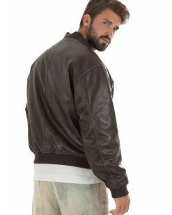Giubbotto uomo crop giacca bomber boxy zip college ecopelle marrone GIOSAL-G3389A