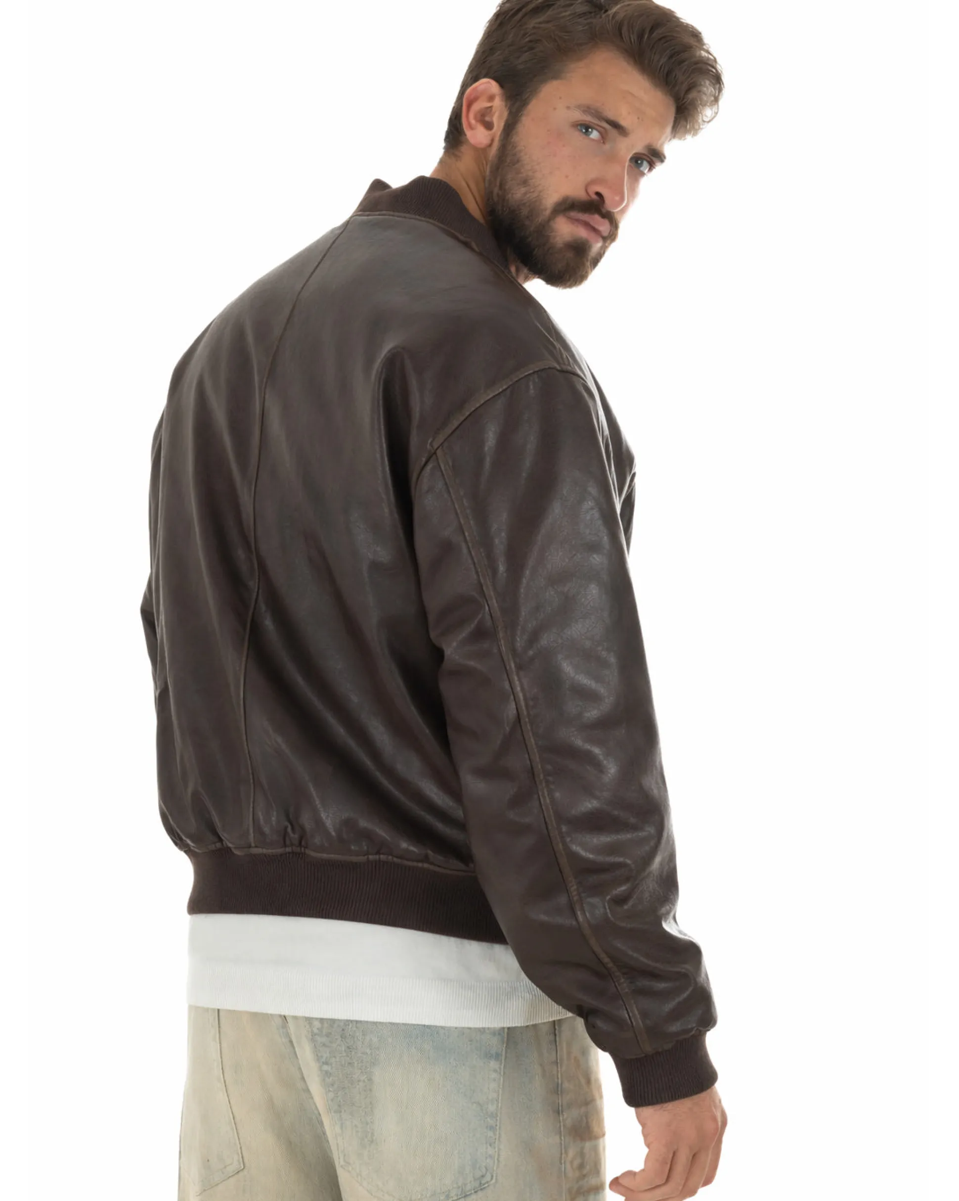 Giubbotto uomo crop giacca bomber boxy zip college ecopelle marrone GIOSAL-G3389A