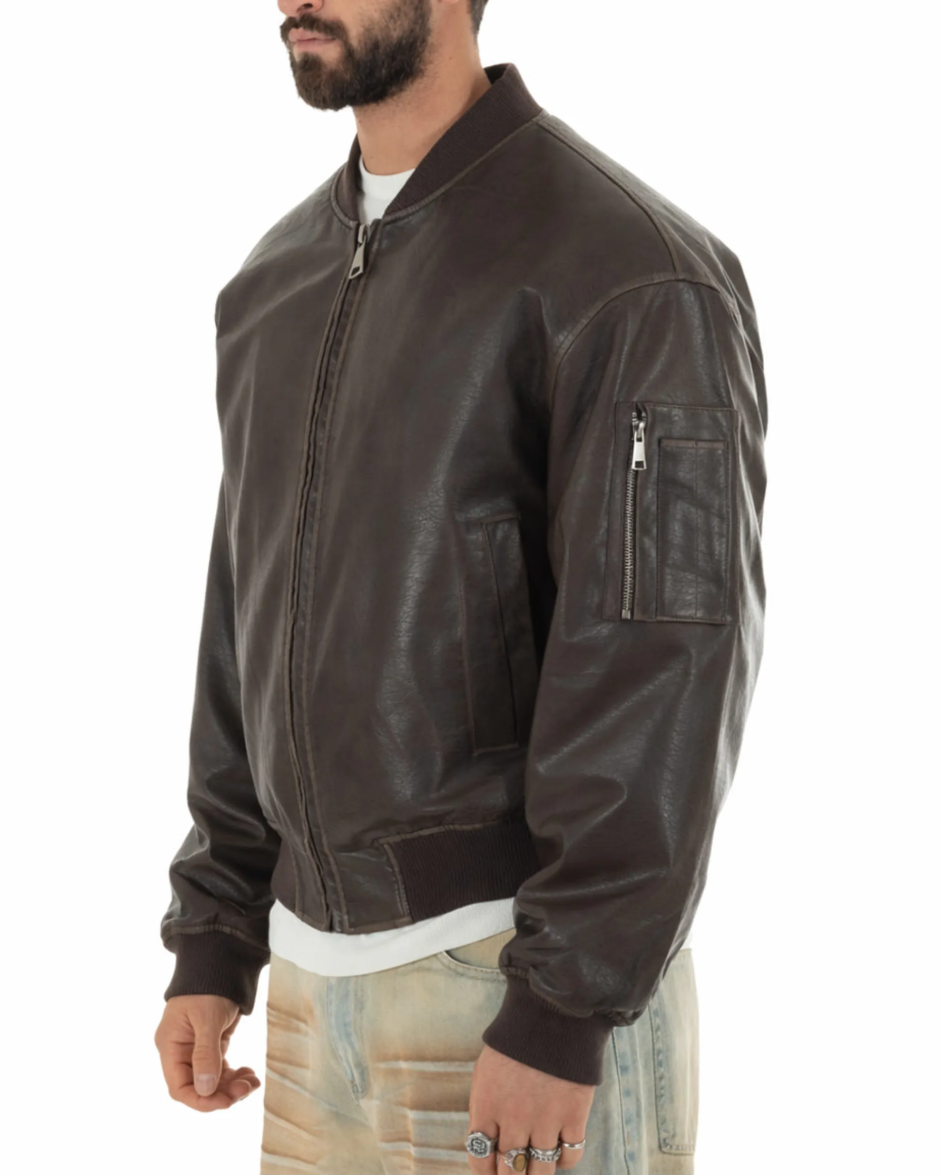 Giubbotto uomo crop giacca bomber boxy zip college ecopelle marrone GIOSAL-G3389A