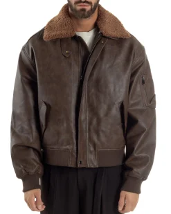 Giubbotto Uomo Ecopelle Bomber Collo Pelliccia Aviatore Oversize Marrone G3343A