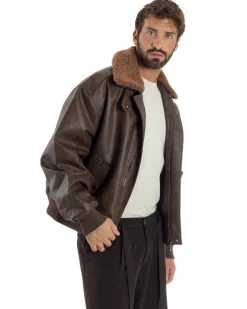 Giubbotto Uomo Ecopelle Bomber Collo Pelliccia Aviatore Oversize Marrone G3343A