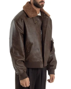 Giubbotto Uomo Ecopelle Bomber Collo Pelliccia Aviatore Oversize Marrone G3343A