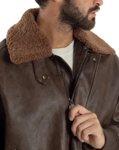 Giubbotto Uomo Ecopelle Bomber Collo Pelliccia Aviatore Oversize Marrone G3343A