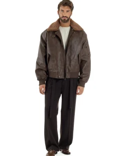 Giubbotto Uomo Ecopelle Bomber Collo Pelliccia Aviatore Oversize Marrone G3343A