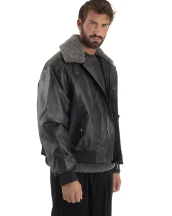 Giubbotto Uomo Ecopelle Bomber Collo Pelliccia Aviatore Oversize Nero G3344A