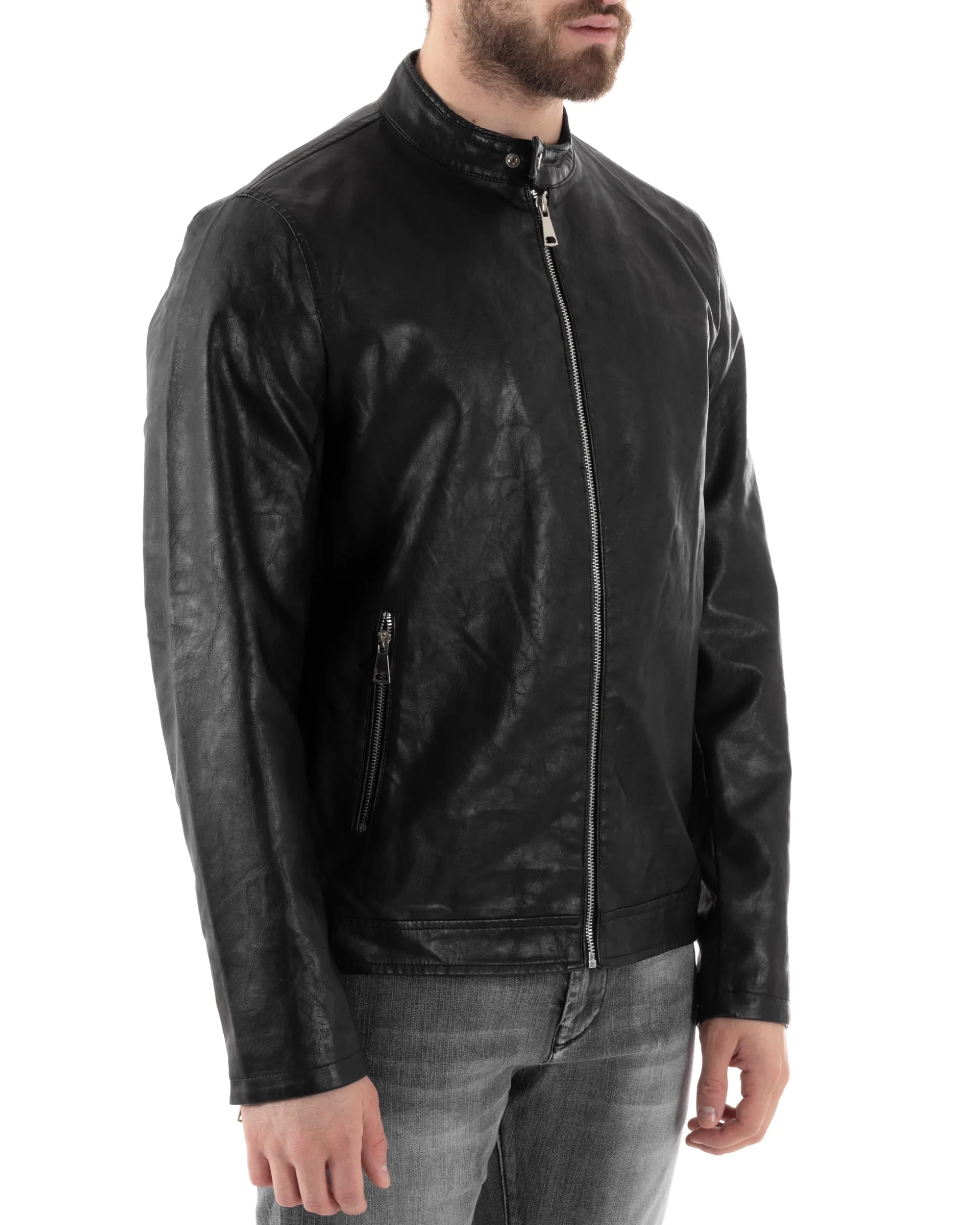 Giubbotto Uomo Ecopelle Con Collo Coreano Tinta Unita Nero Casual GIOSAL-G3157A