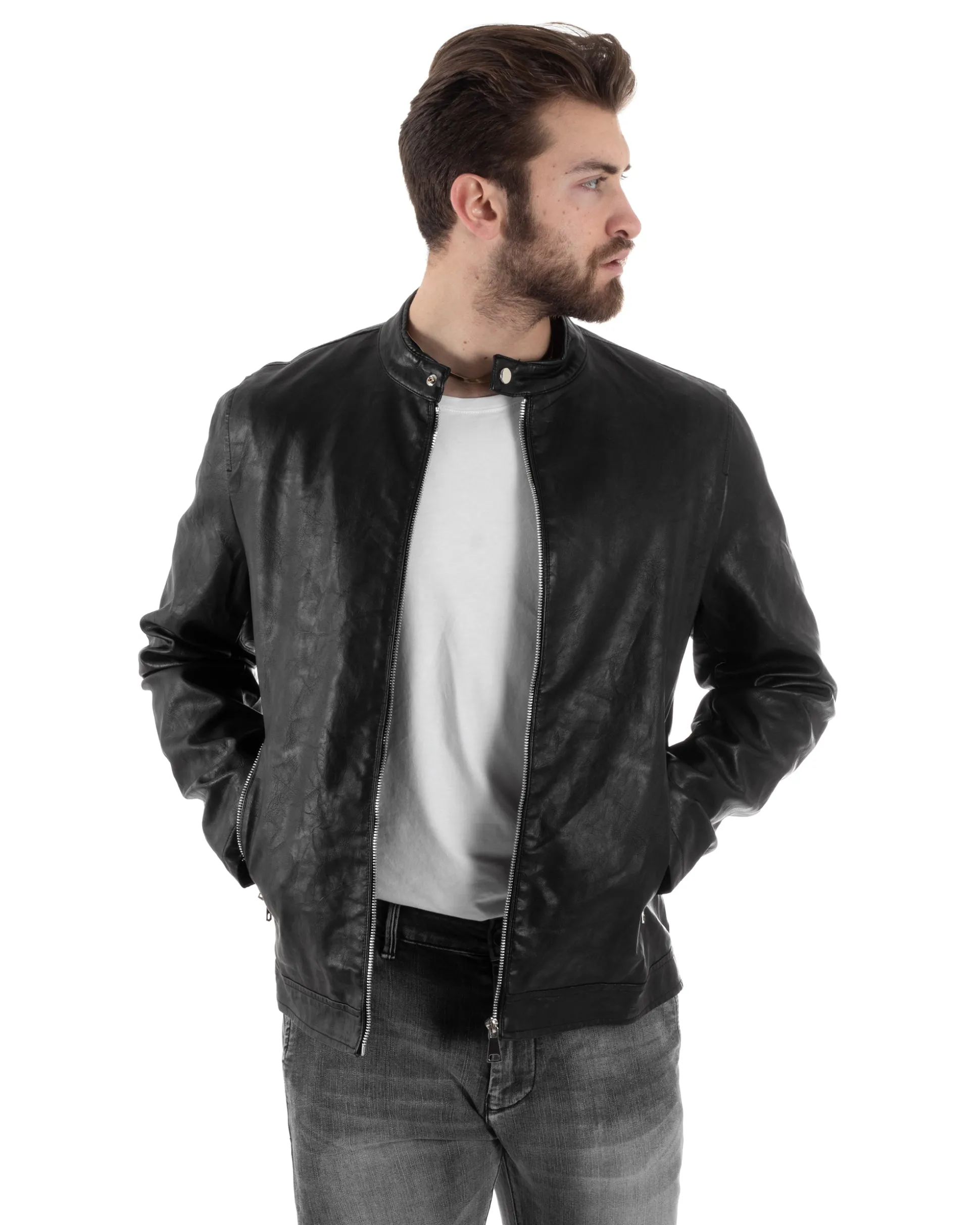 Giubbotto Uomo Ecopelle Con Collo Coreano Tinta Unita Nero Casual GIOSAL-G3157A