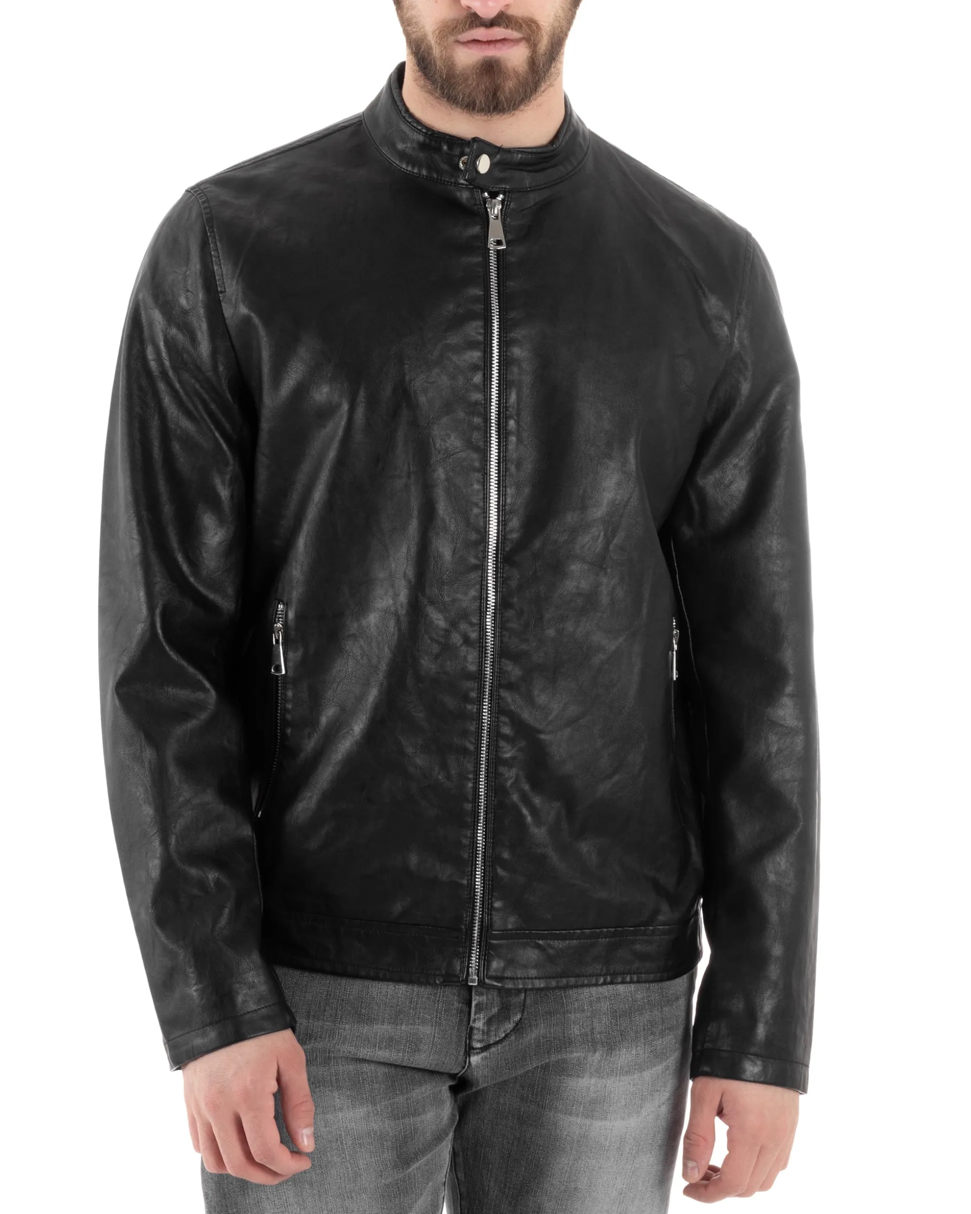 Giubbotto Uomo Ecopelle Con Collo Coreano Tinta Unita Nero Casual GIOSAL-G3157A