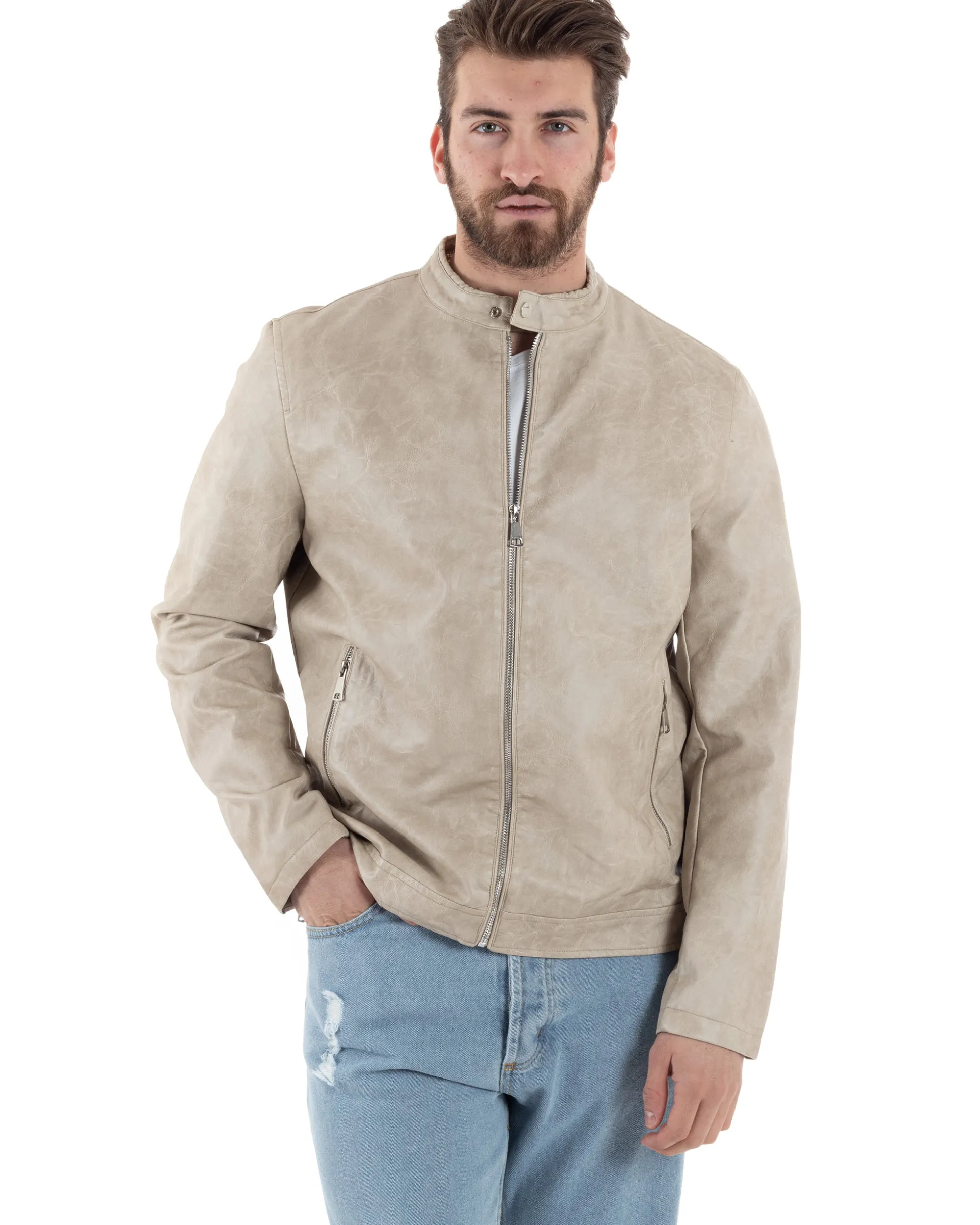 Giubbotto Uomo Ecopelle Con Collo Coreano Tinta Unita Beige Casual GIOSAL-G3156A