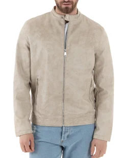 Giubbotto Uomo Ecopelle Con Collo Coreano Tinta Unita Beige Casual GIOSAL-G3156A