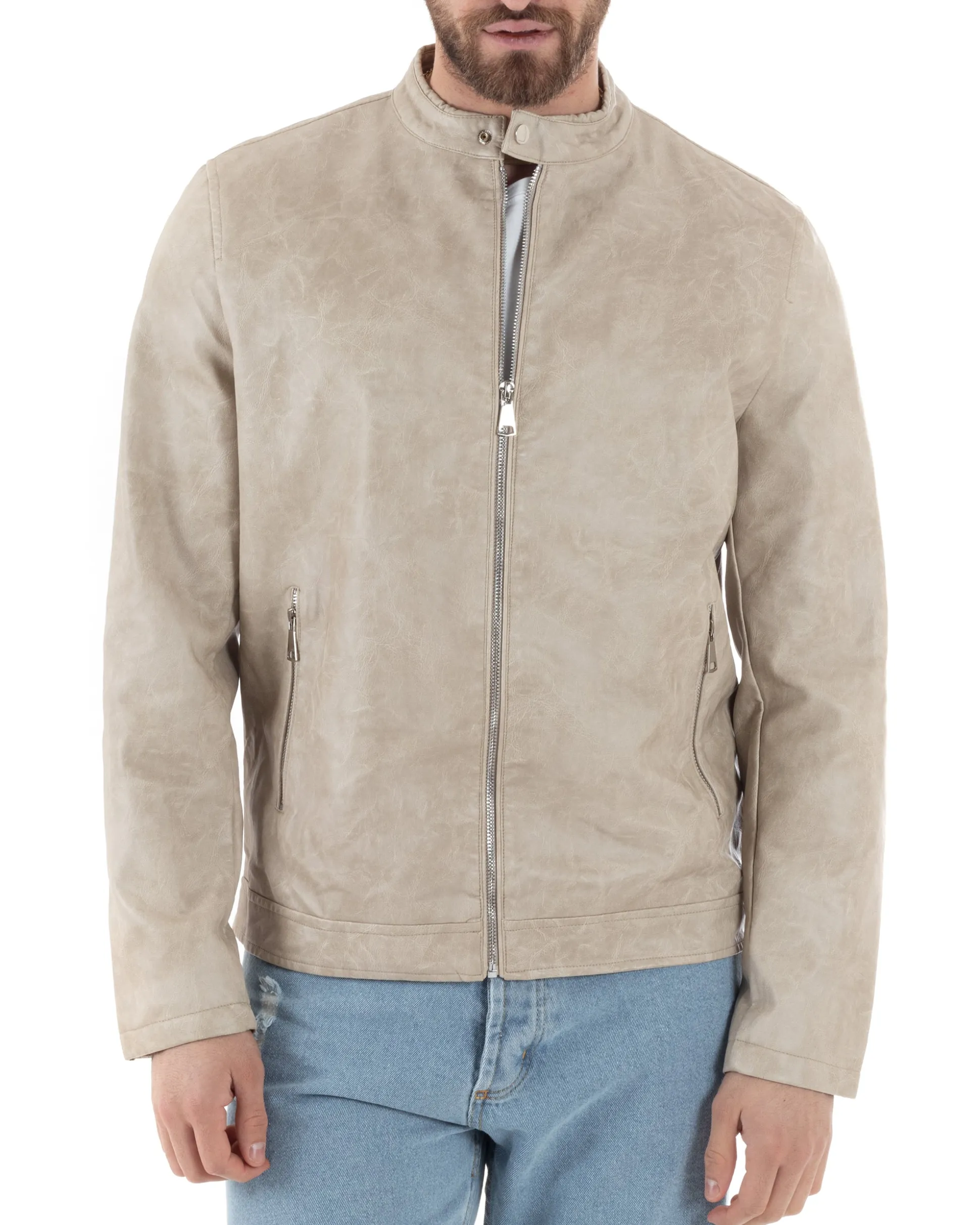 Giubbotto Uomo Ecopelle Con Collo Coreano Tinta Unita Beige Casual GIOSAL-G3156A