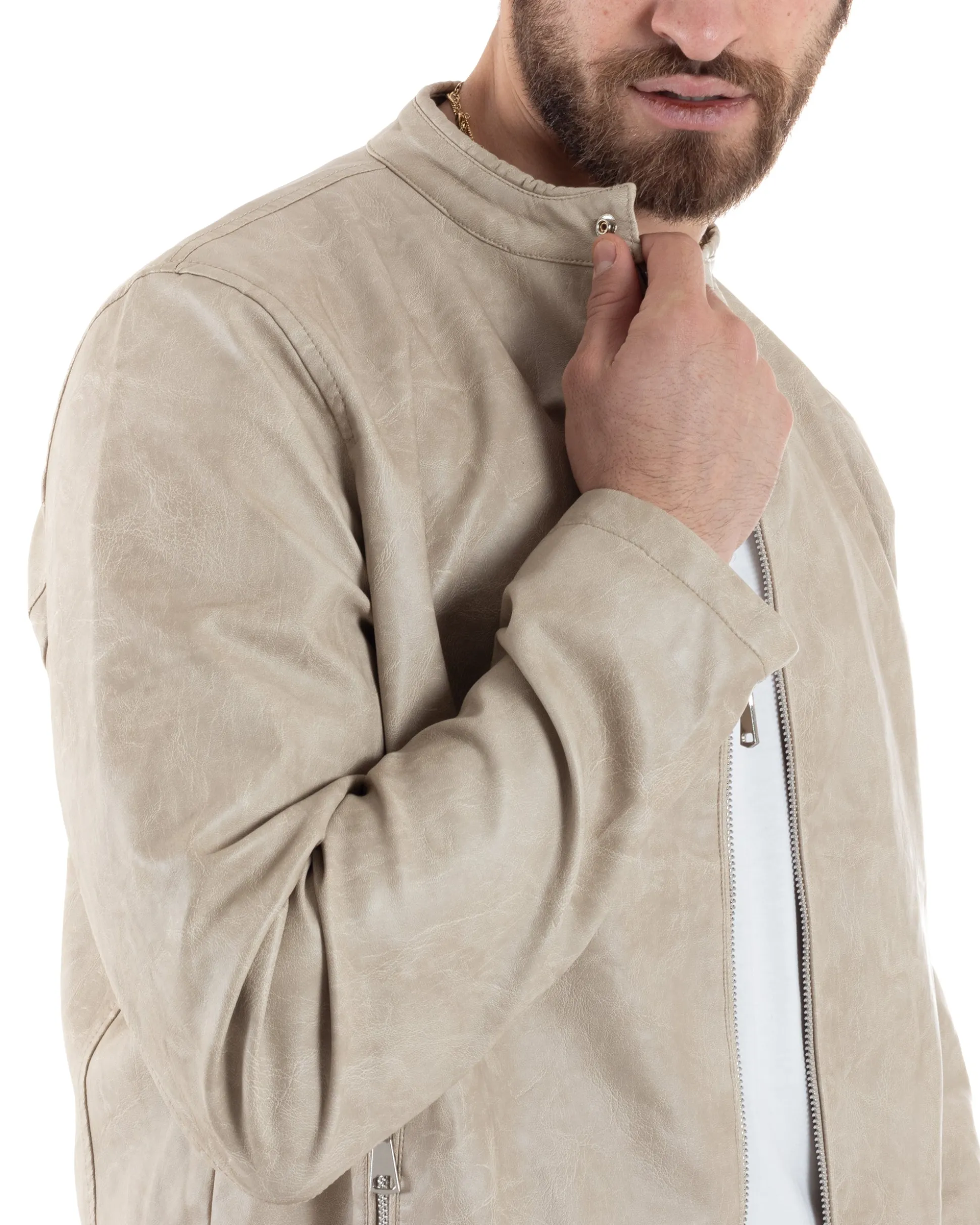 Giubbotto Uomo Ecopelle Con Collo Coreano Tinta Unita Beige Casual GIOSAL-G3156A
