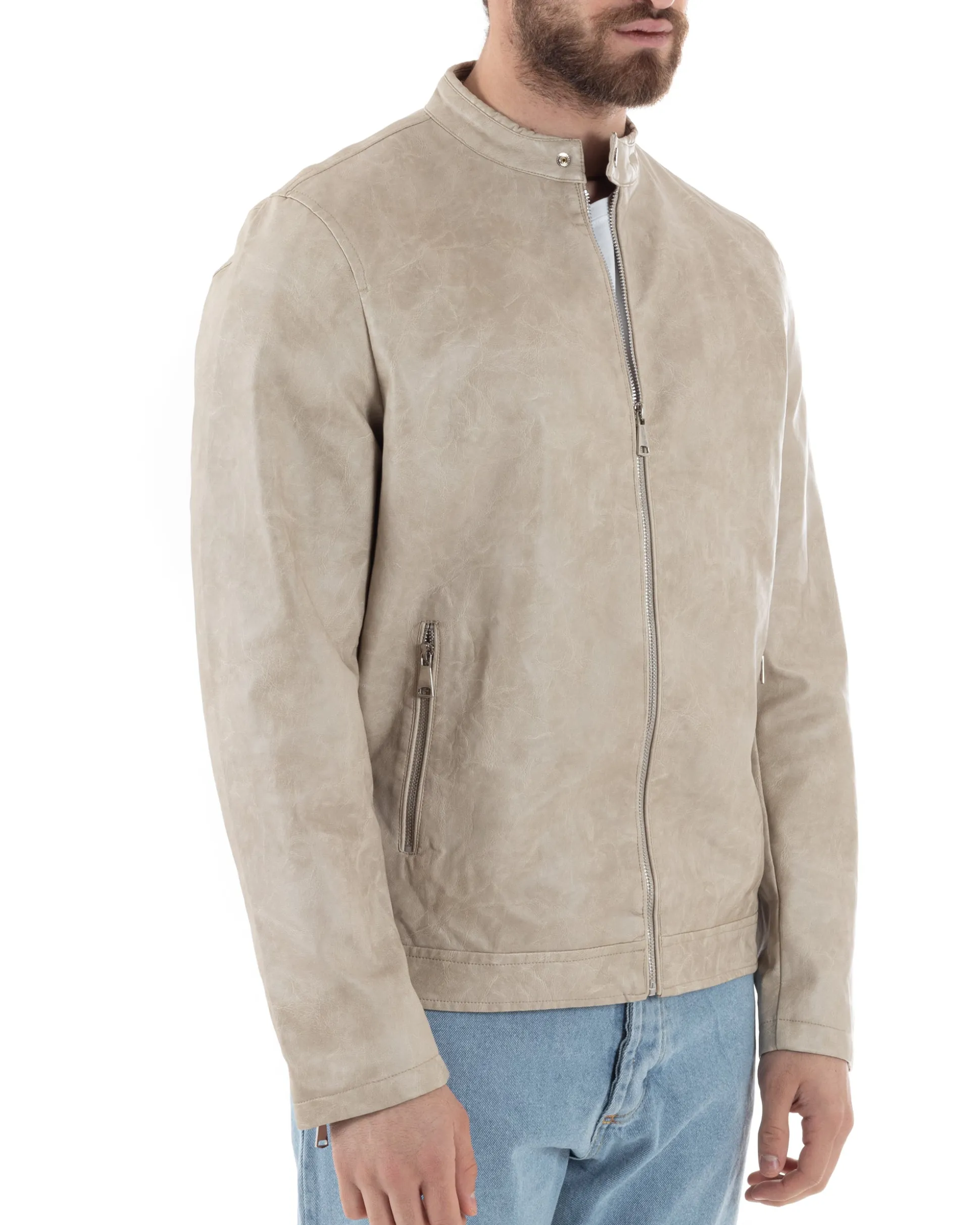 Giubbotto Uomo Ecopelle Con Collo Coreano Tinta Unita Beige Casual GIOSAL-G3156A