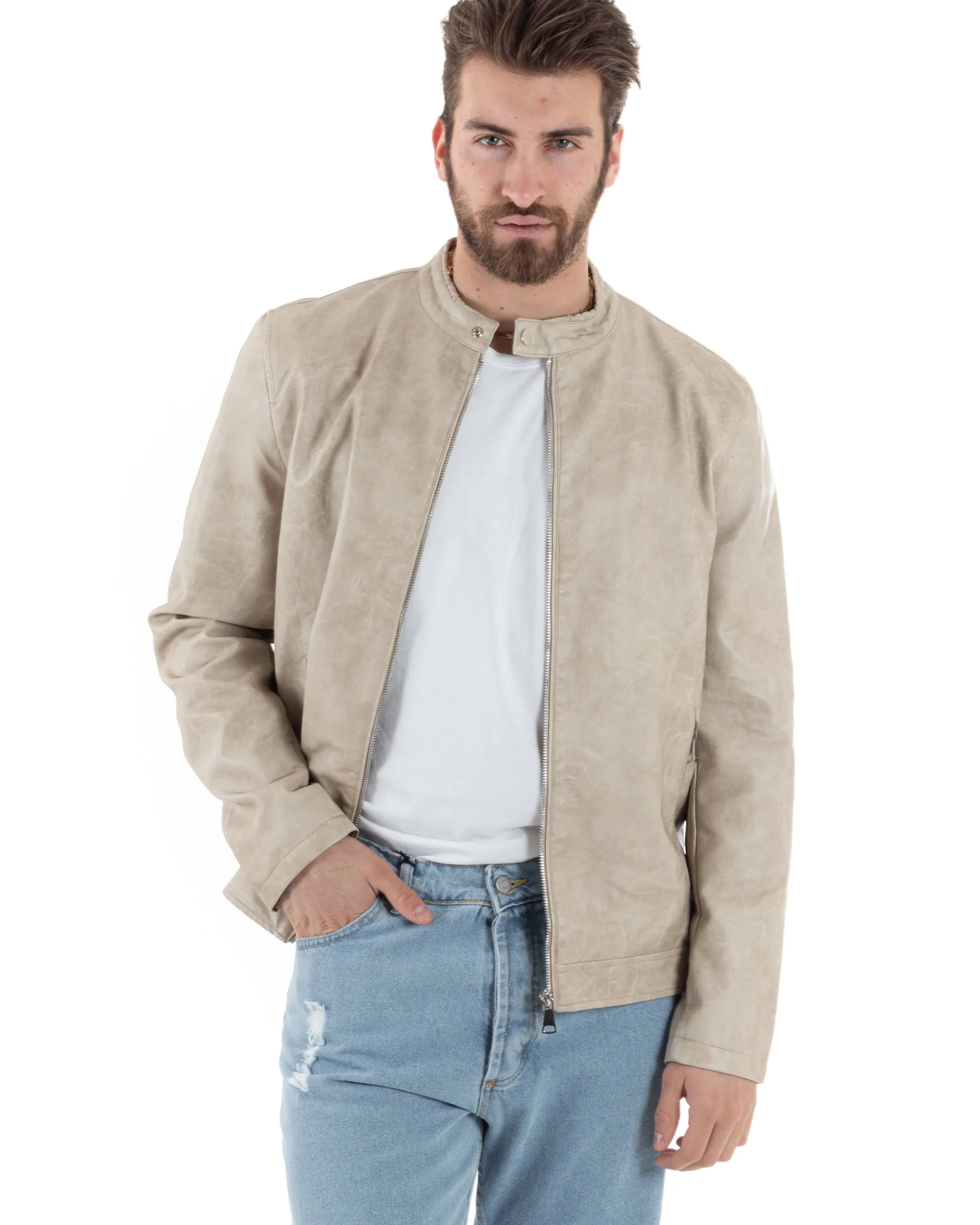 Giubbotto Uomo Ecopelle Con Collo Coreano Tinta Unita Beige Casual GIOSAL-G3156A