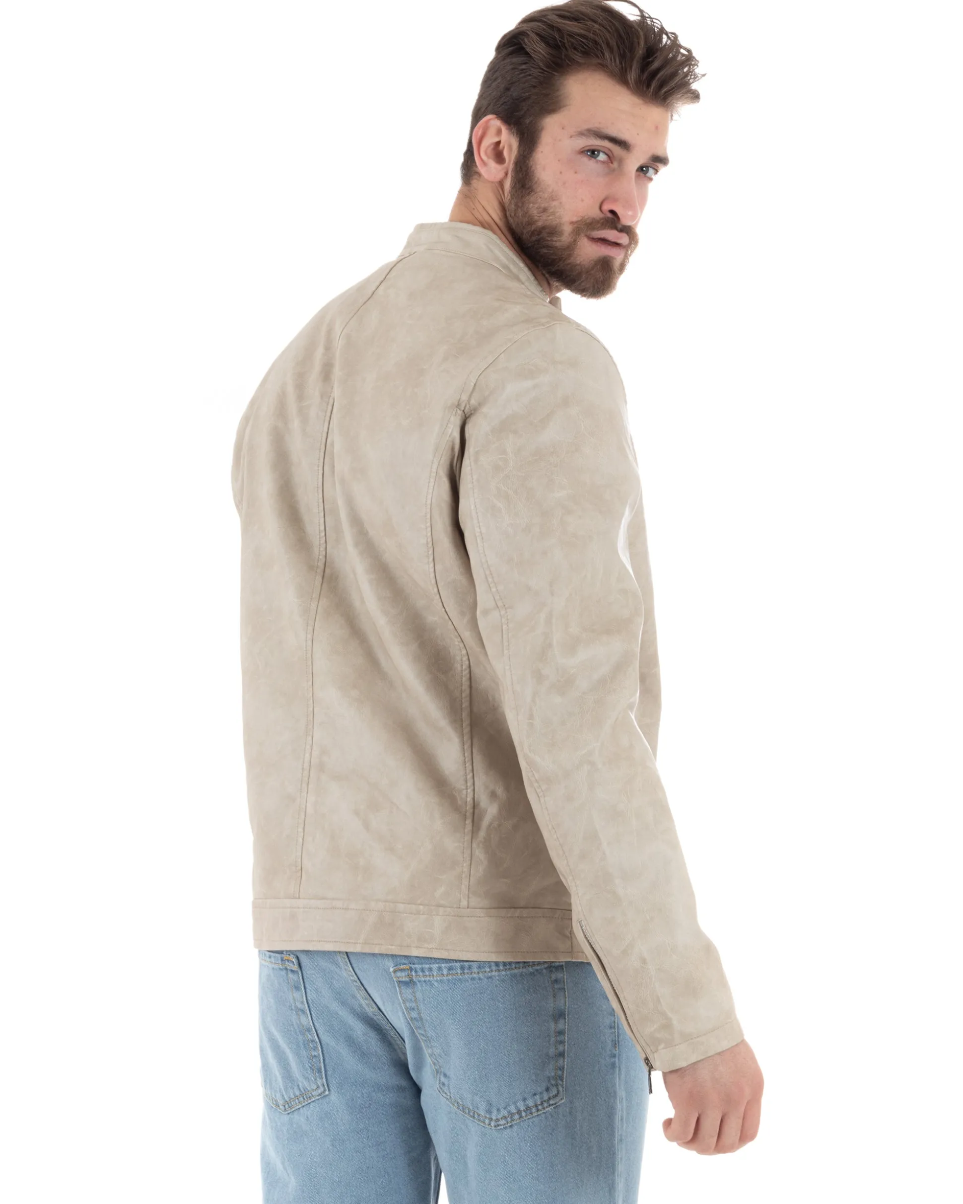 Giubbotto Uomo Ecopelle Con Collo Coreano Tinta Unita Beige Casual GIOSAL-G3156A