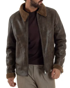 Giubbotto Uomo Ecopelle Montone College Pelliccia Casual Marrone G3360A