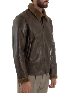 Giubbotto Uomo Ecopelle Montone College Pelliccia Casual Marrone G3360A