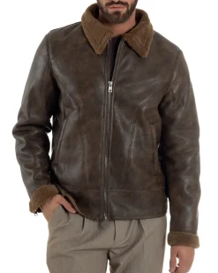 Giubbotto Uomo Ecopelle Montone College Pelliccia Casual Marrone G3360A