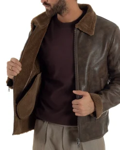 Giubbotto Uomo Ecopelle Montone College Pelliccia Casual Marrone G3360A