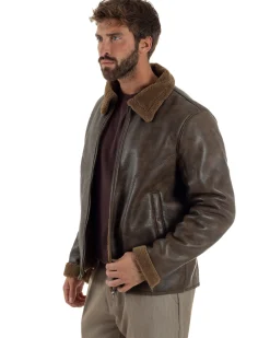 Giubbotto Uomo Ecopelle Montone College Pelliccia Casual Marrone G3360A