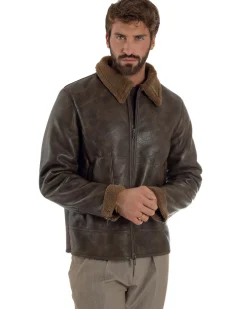 Giubbotto Uomo Ecopelle Montone College Pelliccia Casual Marrone G3360A