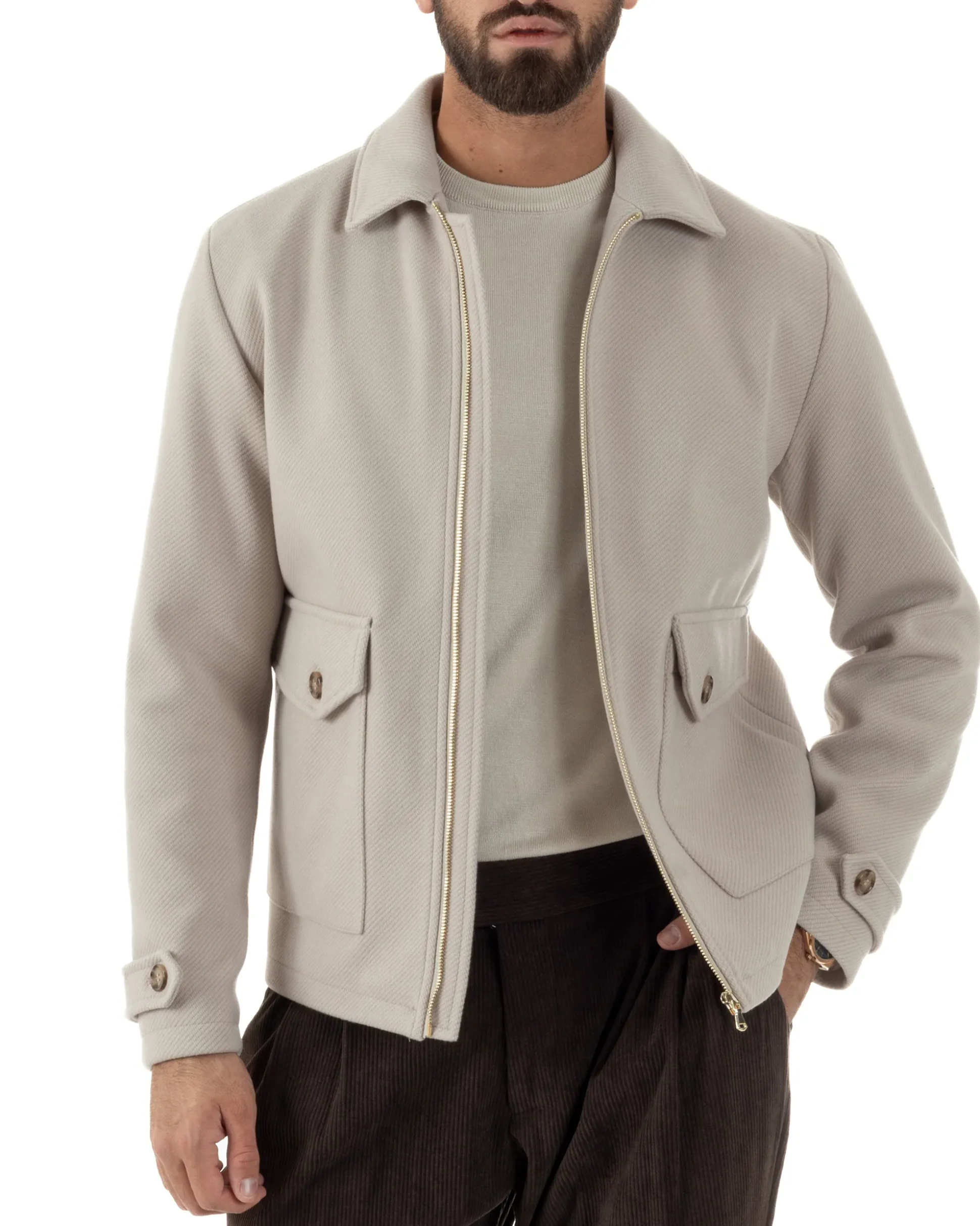 Giubbotto Uomo Giacca Bomber Panno Spigato Zip Colletto Beige BlackSunday G3379A
