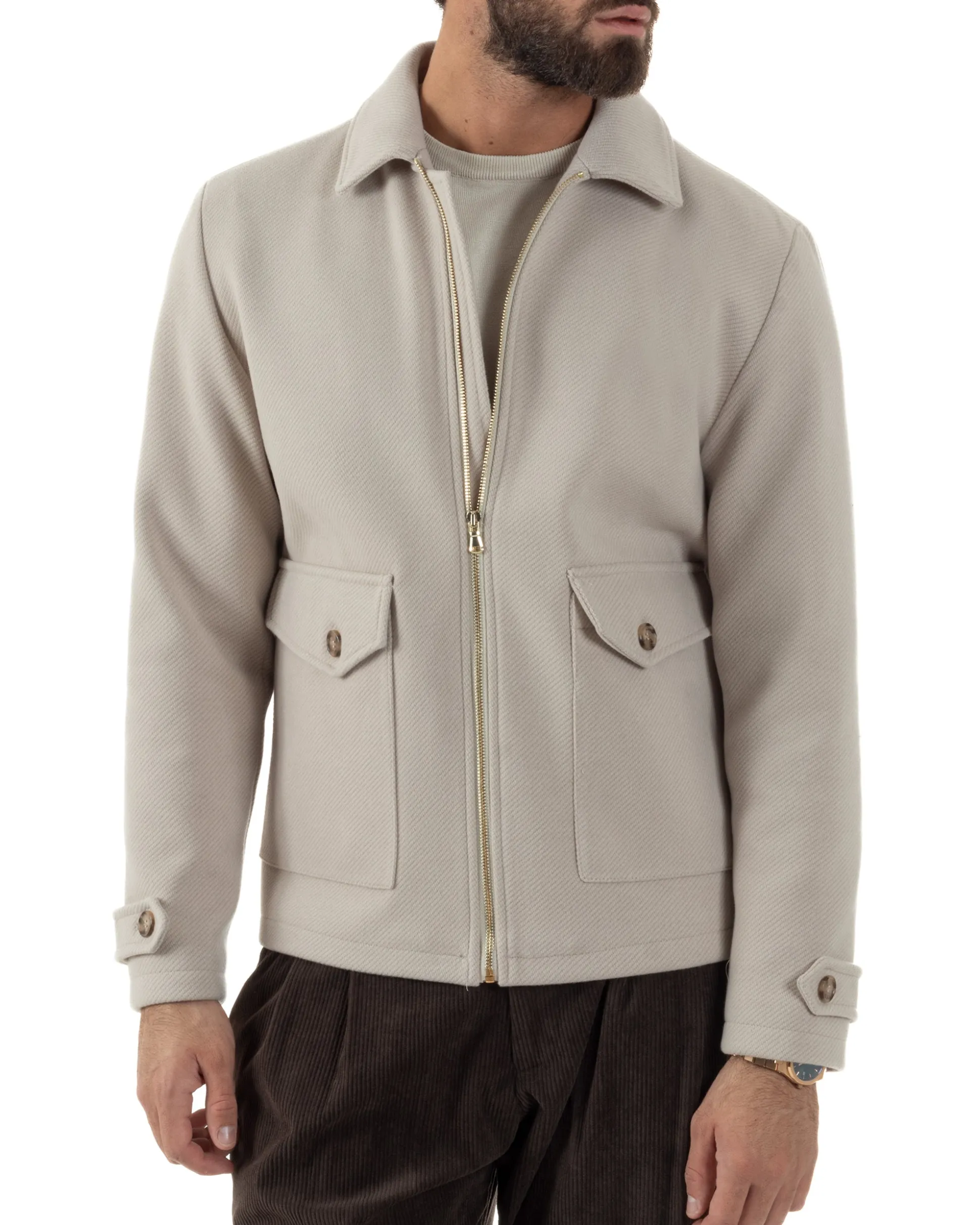 Giubbotto Uomo Giacca Bomber Panno Spigato Zip Colletto Beige BlackSunday G3379A